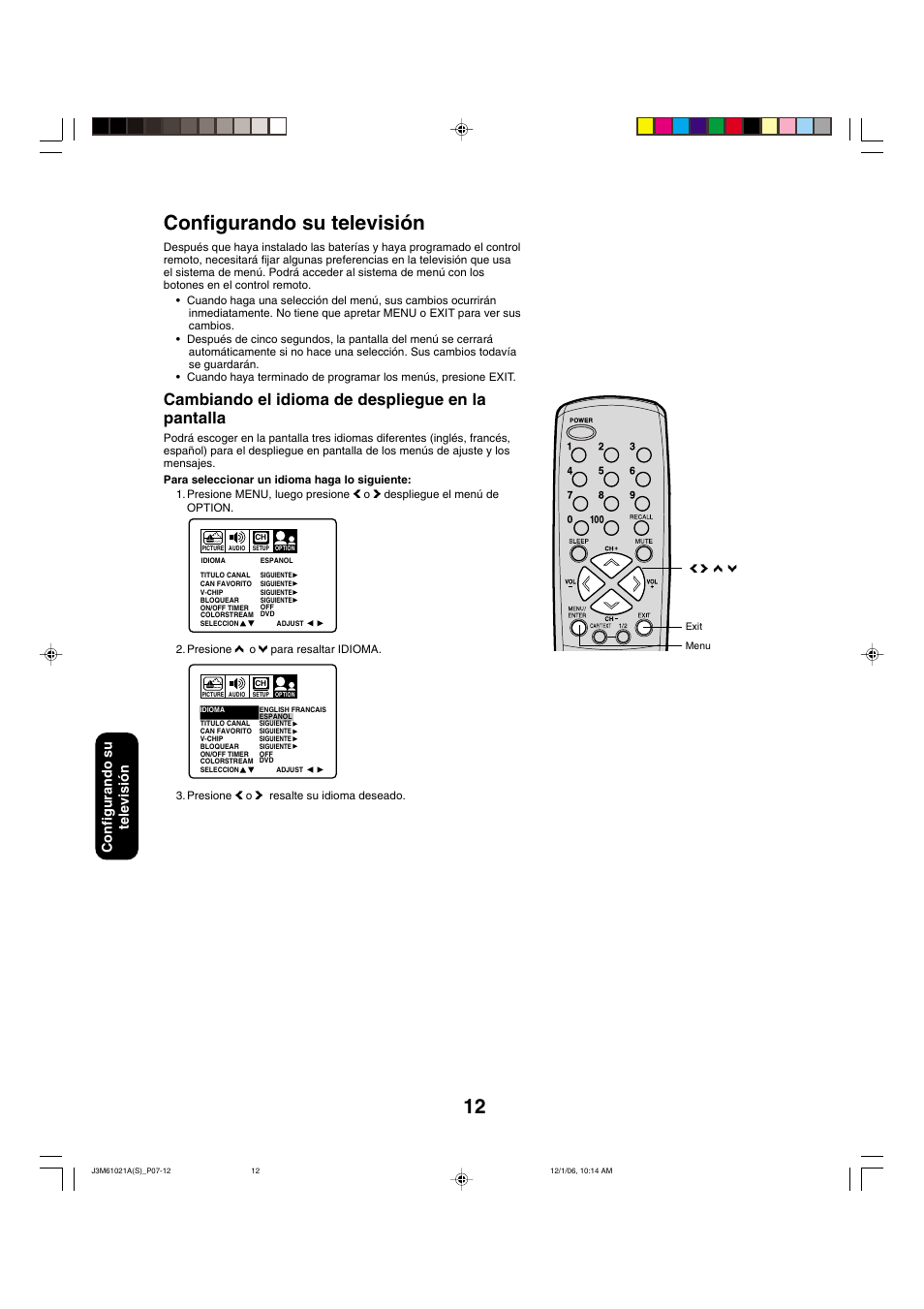 12 configurando su televisión, Cambiando el idioma de despliegue en la pantalla, Configurando su televisi ó n | Toshiba 24AF46 User Manual | Page 44 / 64