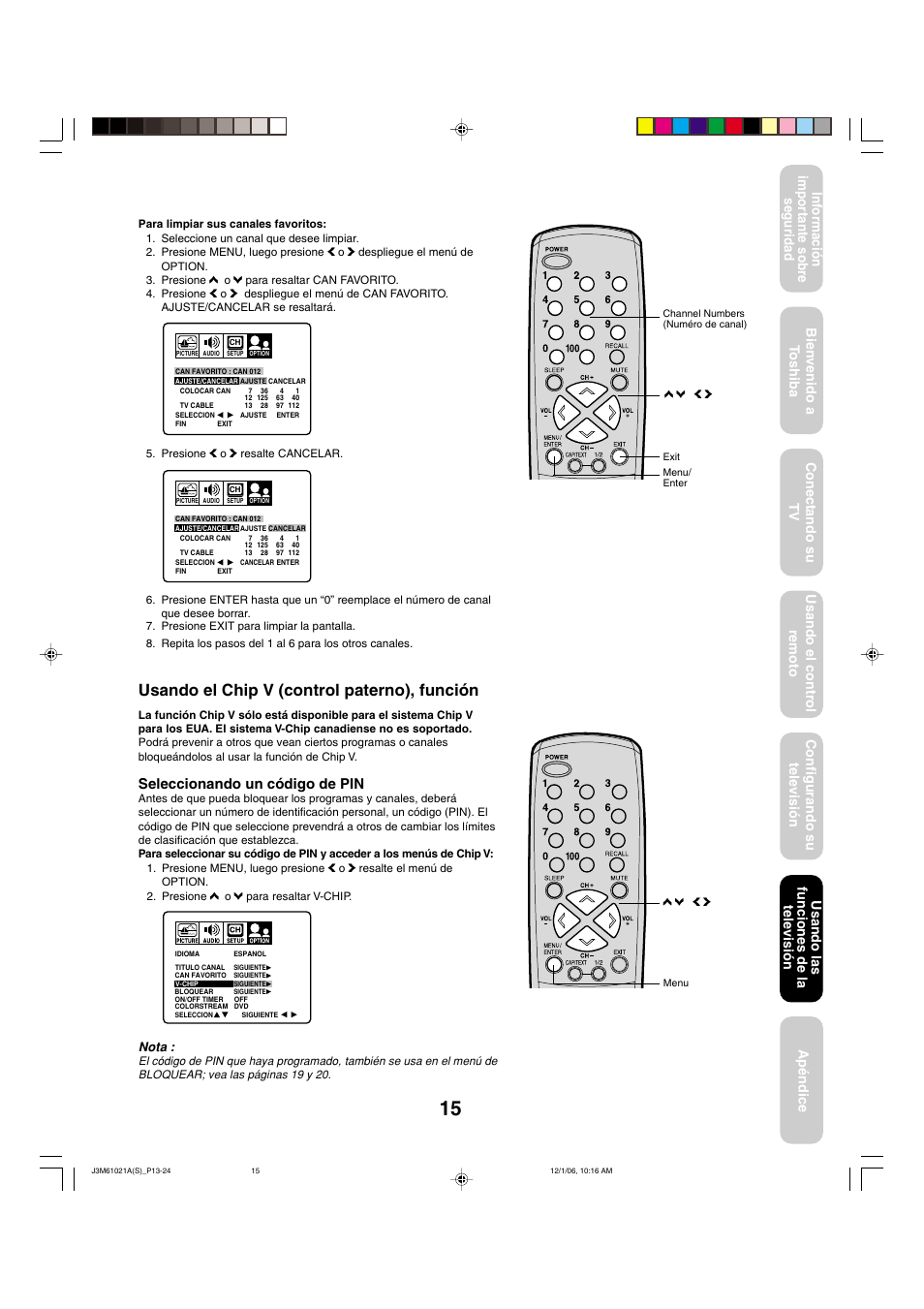 Usando el chip v (control paterno), función, Seleccionando un código de pin, Usando las funciones de la televisi ó n | Toshiba 24AF46 User Manual | Page 47 / 64