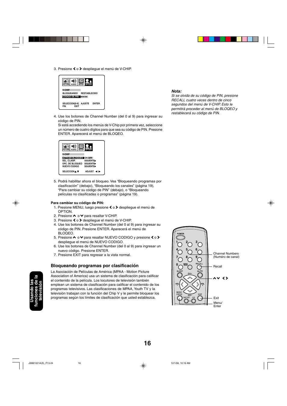 Bloqueando programas por clasificación, Usando las funciones de la televisi ó n, Nota | Toshiba 24AF46 User Manual | Page 48 / 64