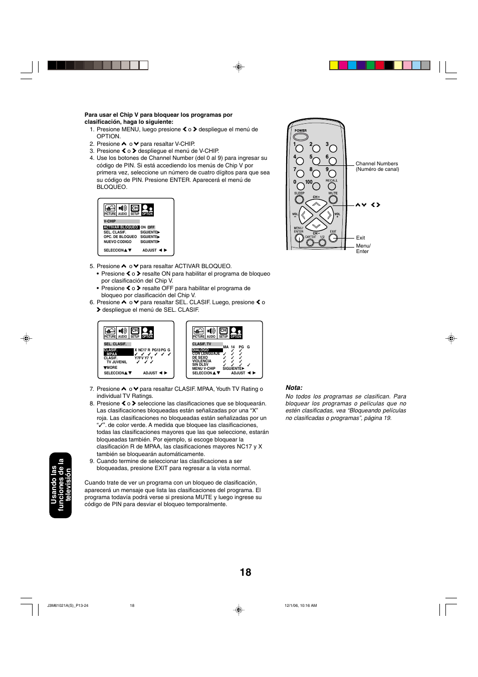 Usando las funciones de la televisi ó n, Nota | Toshiba 24AF46 User Manual | Page 50 / 64