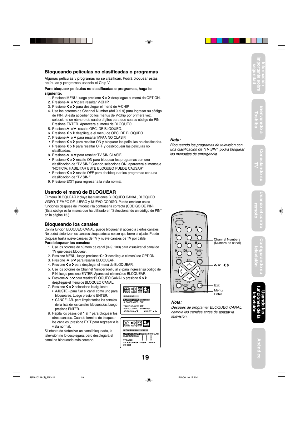 Bloqueando películas no clasificadas o programas, Usando el menú de bloquear, Bloqueando los canales | Usando las funciones de la televisi ó n | Toshiba 24AF46 User Manual | Page 51 / 64