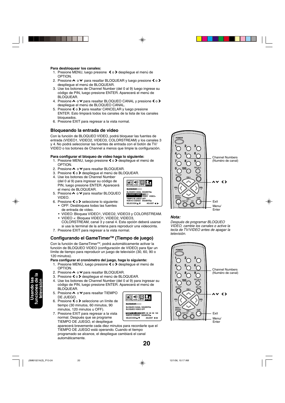 Bloqueando la entrada de video, Configurando el gametimer, Tiempo de juego) | Usando las funciones de la televisi ó n | Toshiba 24AF46 User Manual | Page 52 / 64