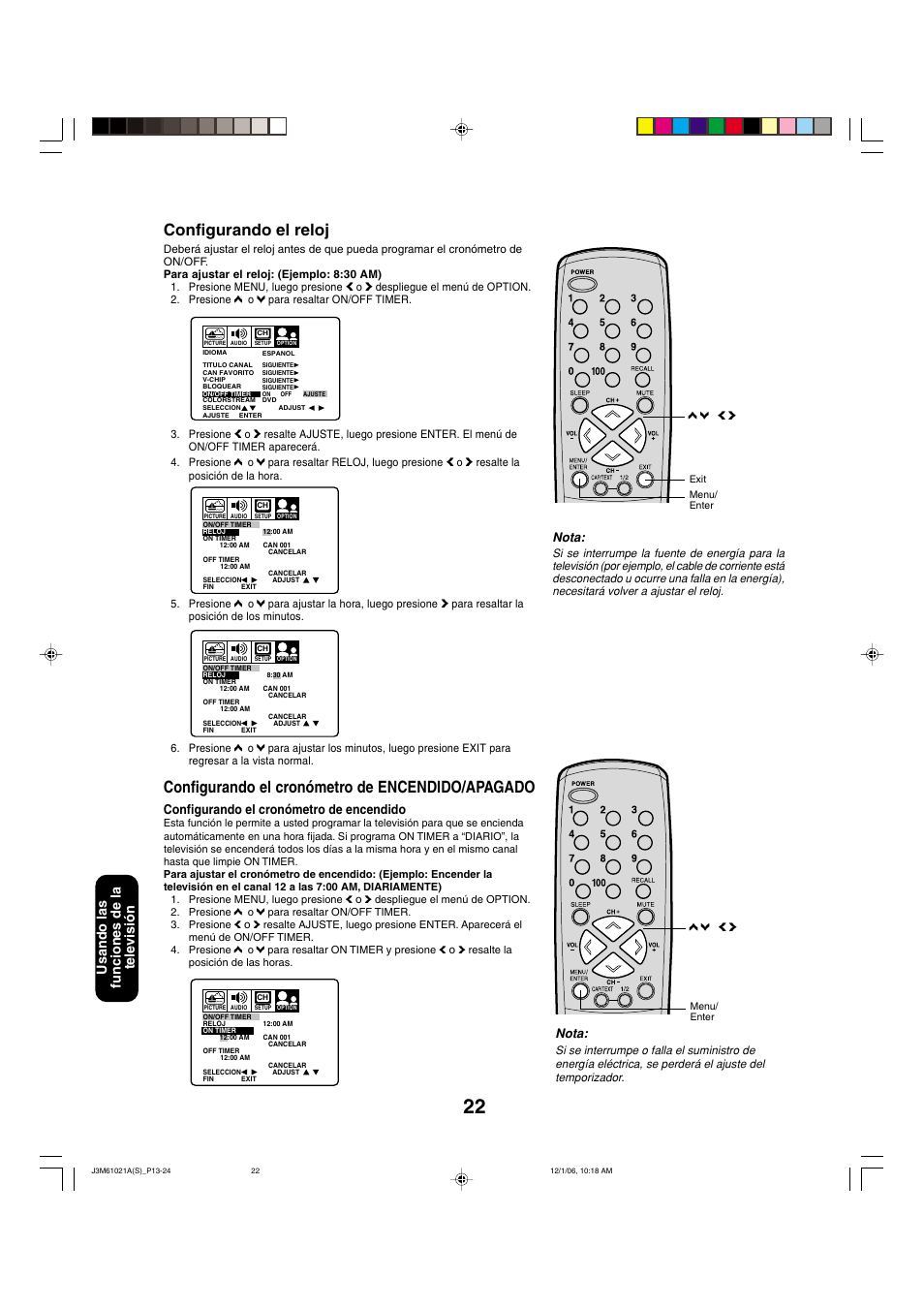 Configurando el reloj, Configurando el cronómetro de encendido/apagado, Usando las funciones de la televisi ó n | Nota, Configurando el cronómetro de encendido | Toshiba 24AF46 User Manual | Page 54 / 64