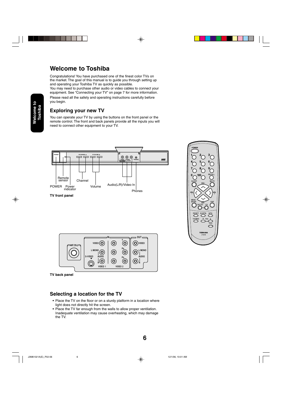 Welcome to toshiba, Selecting a location for the tv, Exploring your new tv | Welcome to t oshiba | Toshiba 24AF46 User Manual | Page 6 / 64