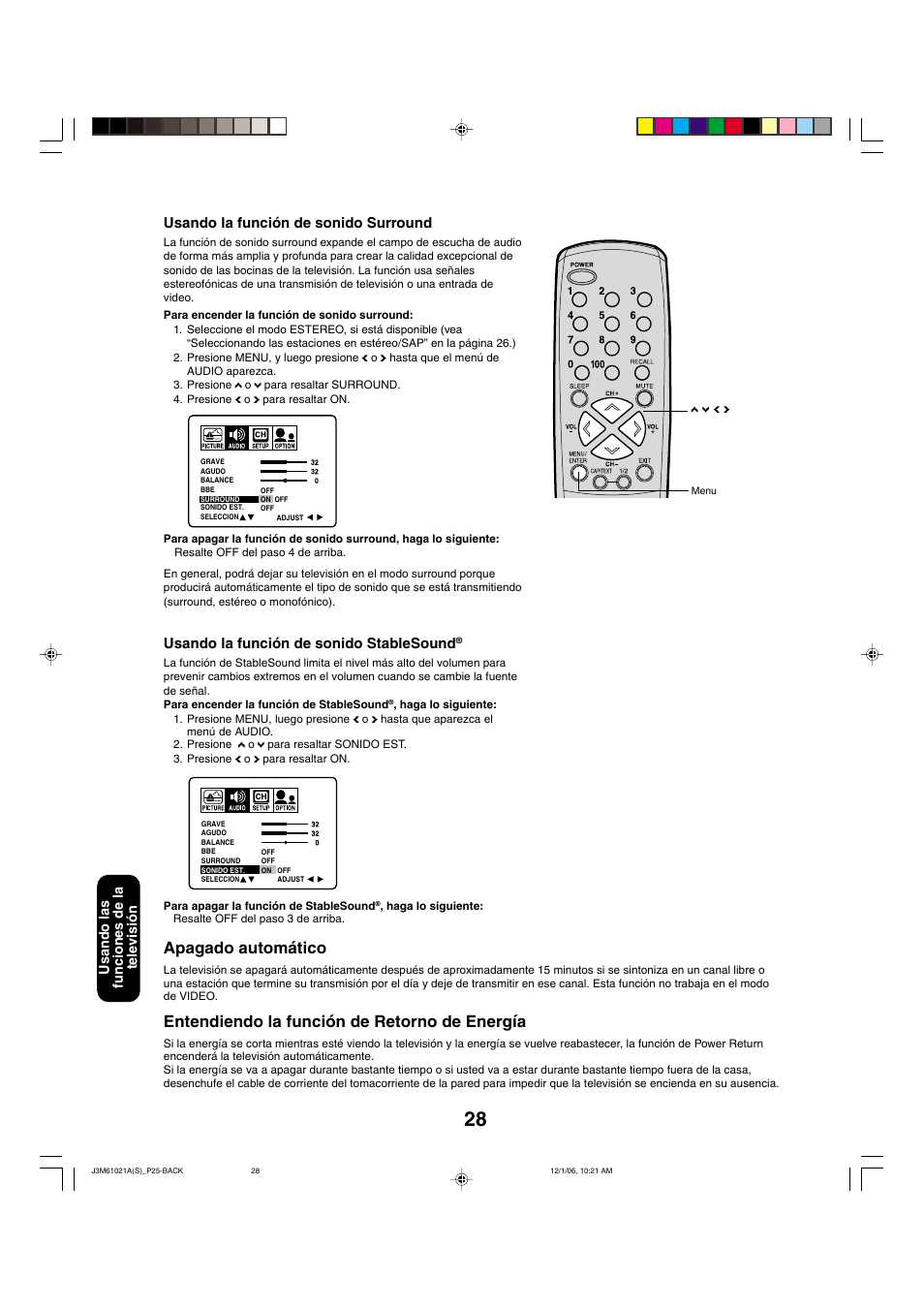 Apagado automático, Entendiendo la función de retorno de energía, Usando la función de sonido stablesound | Usando la función de sonido surround, Usando las funciones de la televisi ó n | Toshiba 24AF46 User Manual | Page 60 / 64