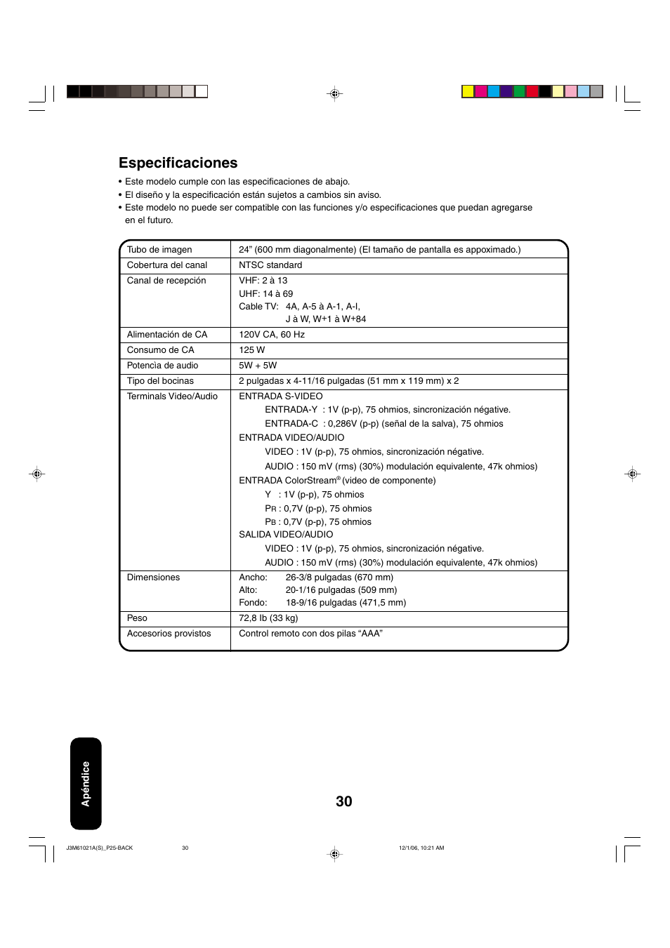 Especificaciones | Toshiba 24AF46 User Manual | Page 62 / 64