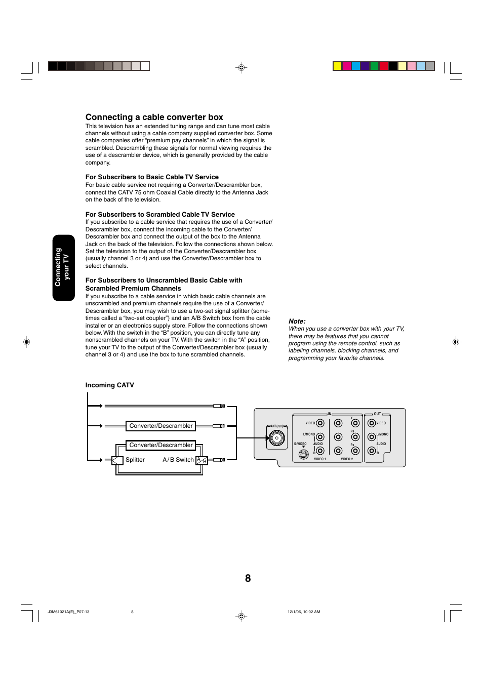 Connecting a cable converter box, Connecting your tv, For subscribers to basic cable tv service | For subscribers to scrambled cable tv service, Incoming catv | Toshiba 24AF46 User Manual | Page 8 / 64