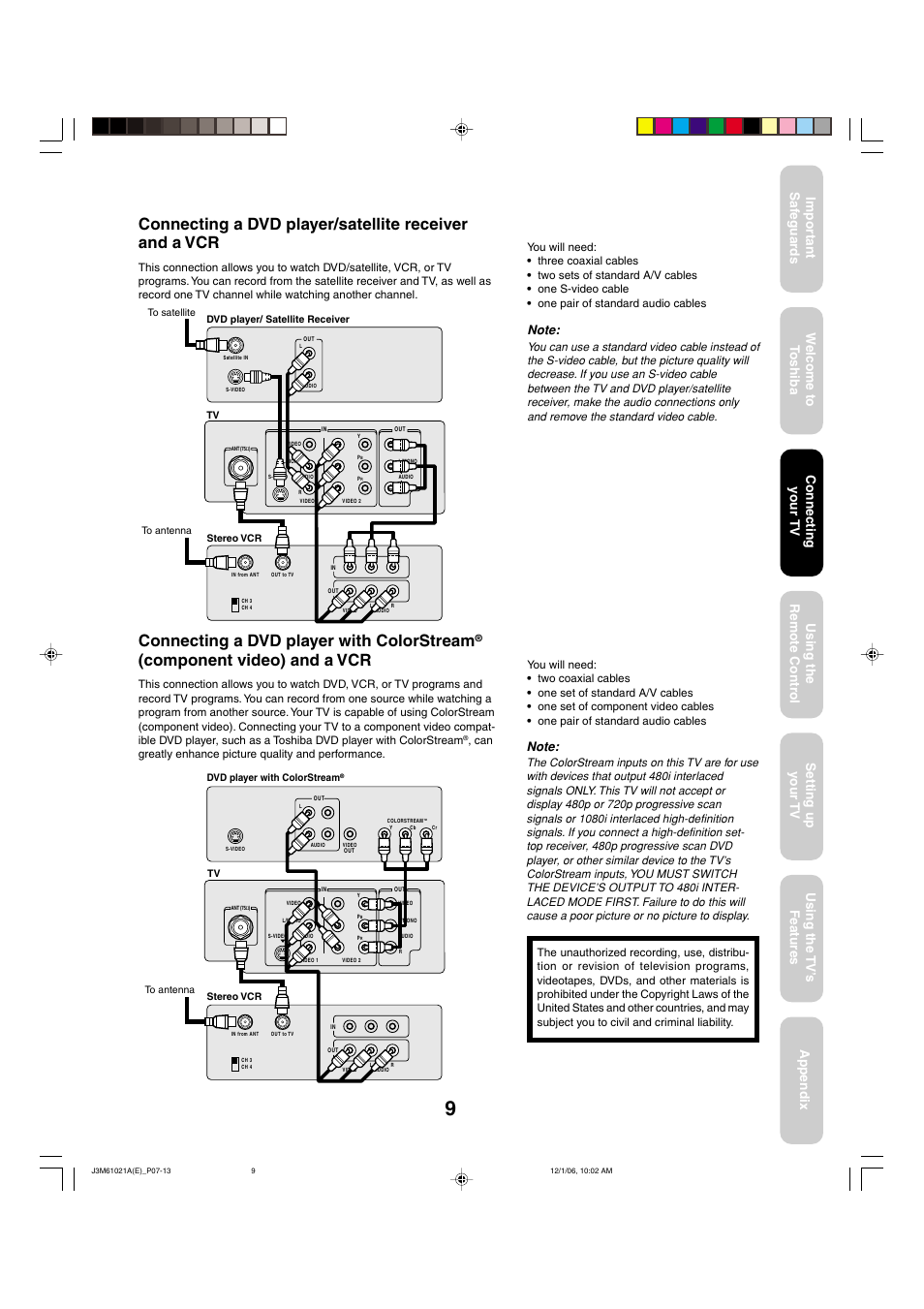 Connecting a dvd player with colorstream, Component video) and a vcr | Toshiba 24AF46 User Manual | Page 9 / 64