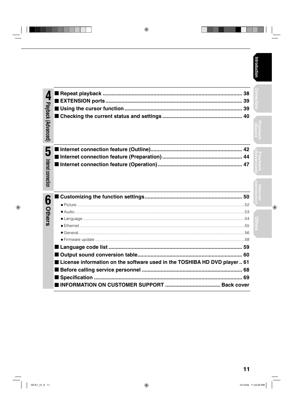 Playback (advanced), Internet connection, Others | Toshiba HD-E1KE User Manual | Page 11 / 72