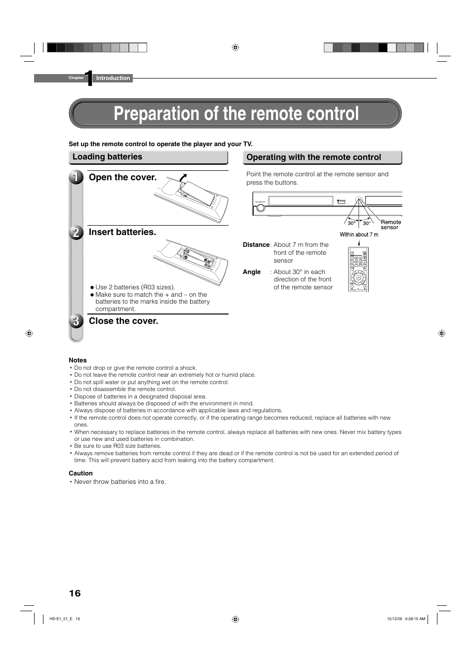 Preparation of the remote control | Toshiba HD-E1KE User Manual | Page 16 / 72