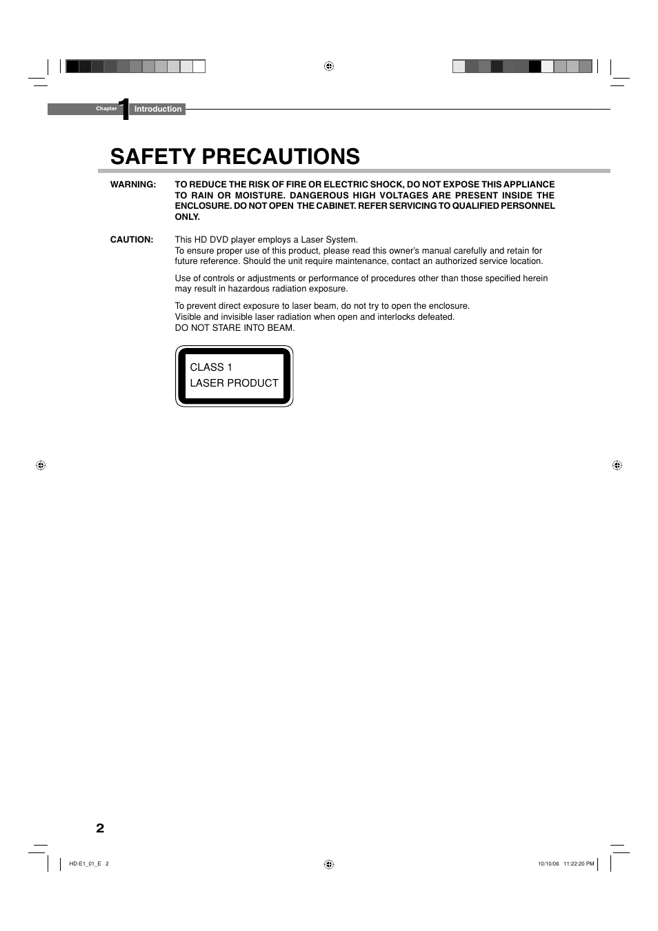 Safety precautions | Toshiba HD-E1KE User Manual | Page 2 / 72