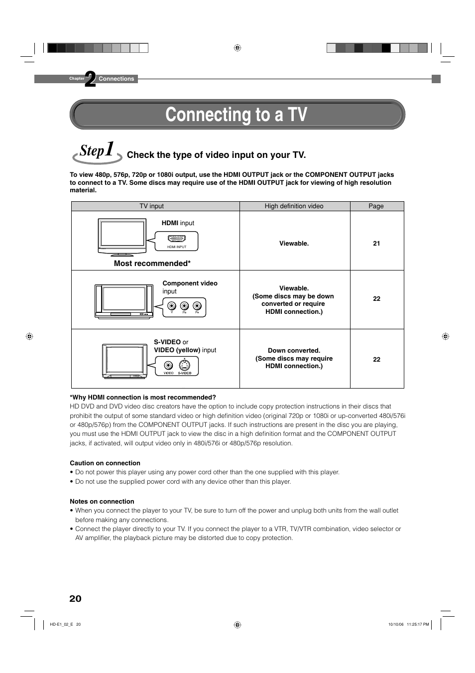 Connecting to a tv, Step | Toshiba HD-E1KE User Manual | Page 20 / 72