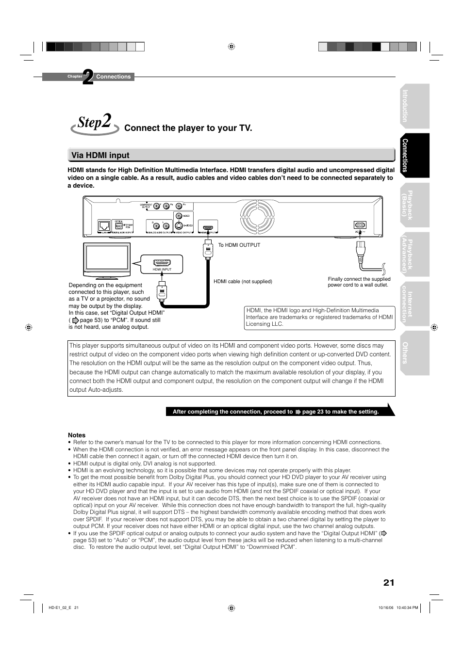 Step, Connect the player to your tv | Toshiba HD-E1KE User Manual | Page 21 / 72