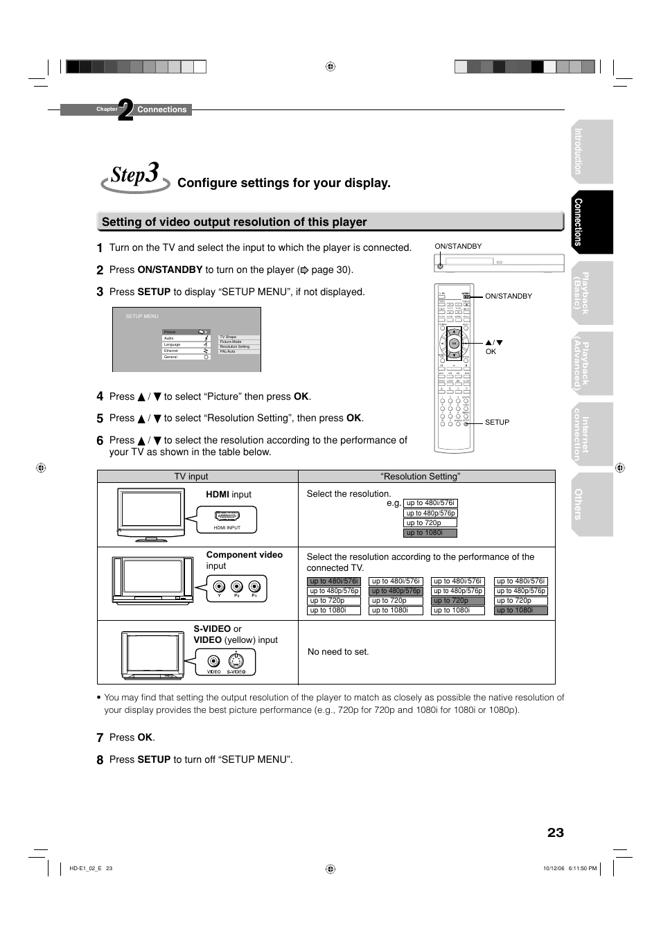 Step, Confi gure settings for your display, Setting of video output resolution of this player | Toshiba HD-E1KE User Manual | Page 23 / 72