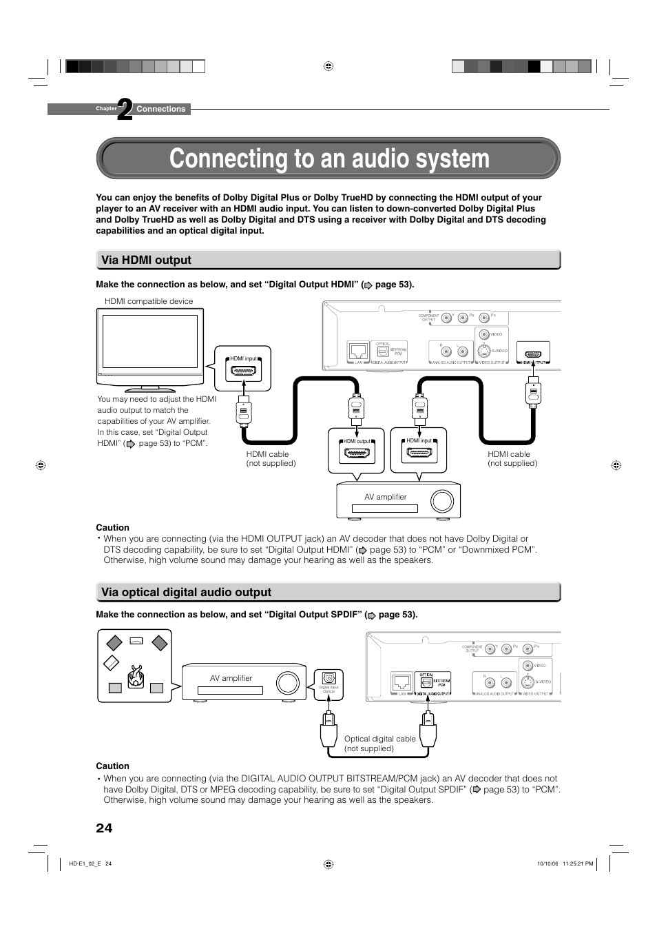 Connecting to an audio system, Via optical digital audio output via hdmi output | Toshiba HD-E1KE User Manual | Page 24 / 72