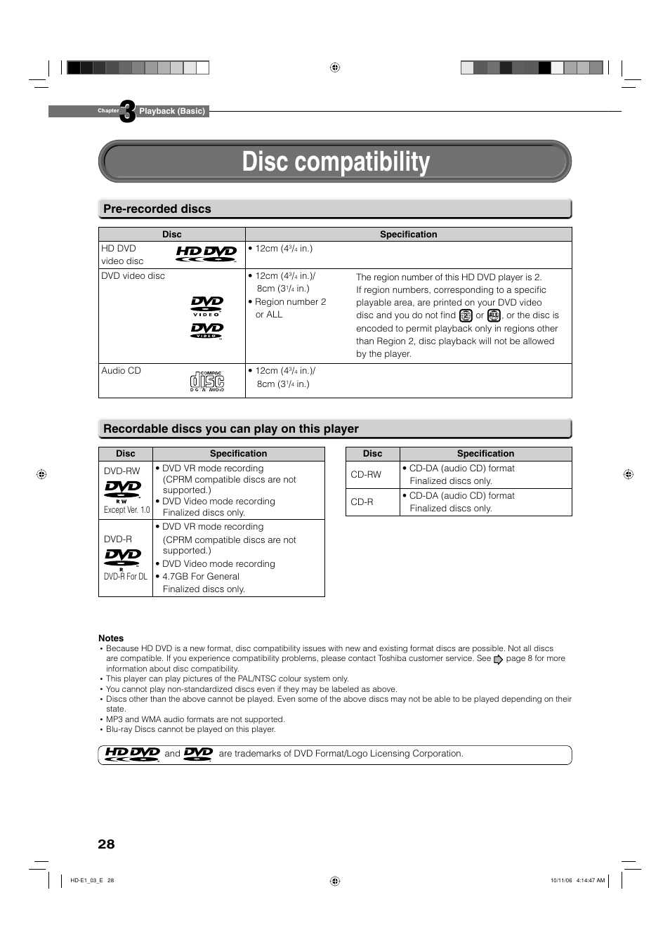 Disc compatibility | Toshiba HD-E1KE User Manual | Page 28 / 72