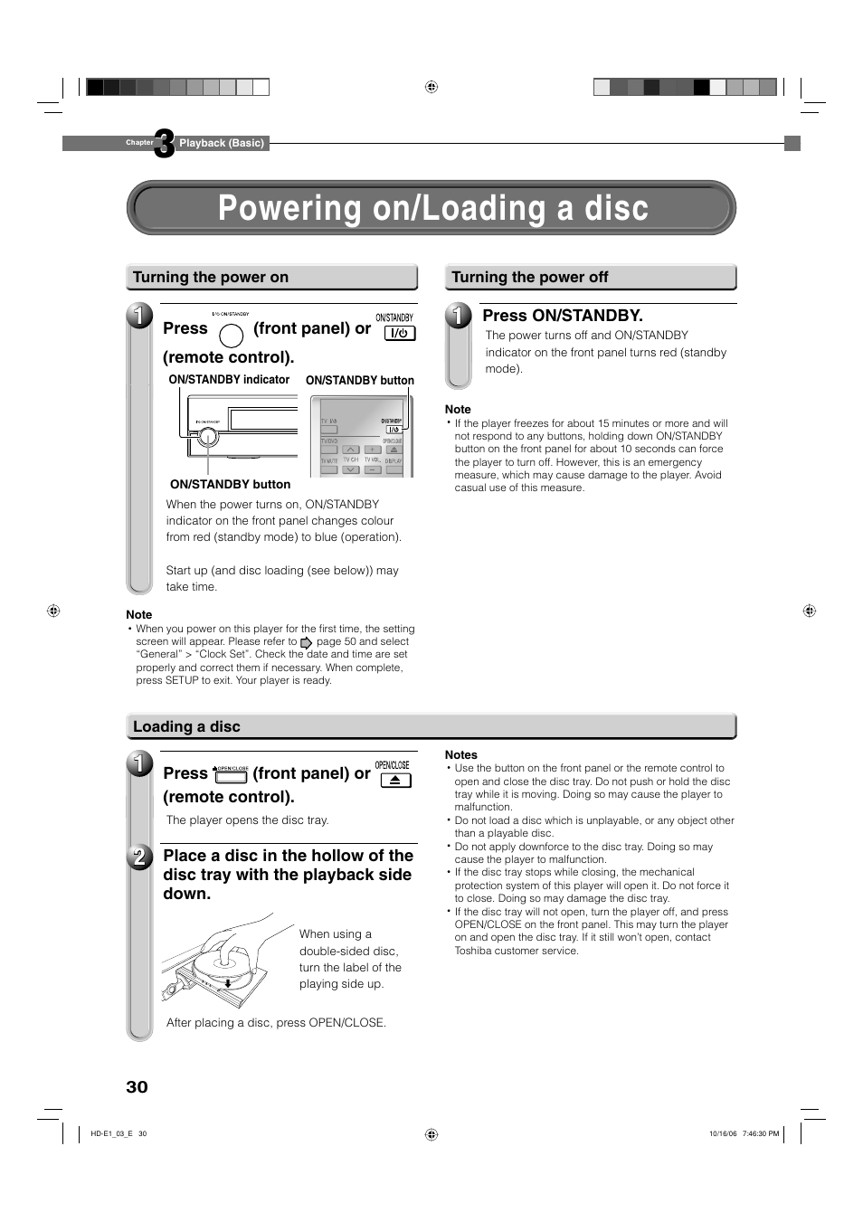 Powering on/loading a disc | Toshiba HD-E1KE User Manual | Page 30 / 72