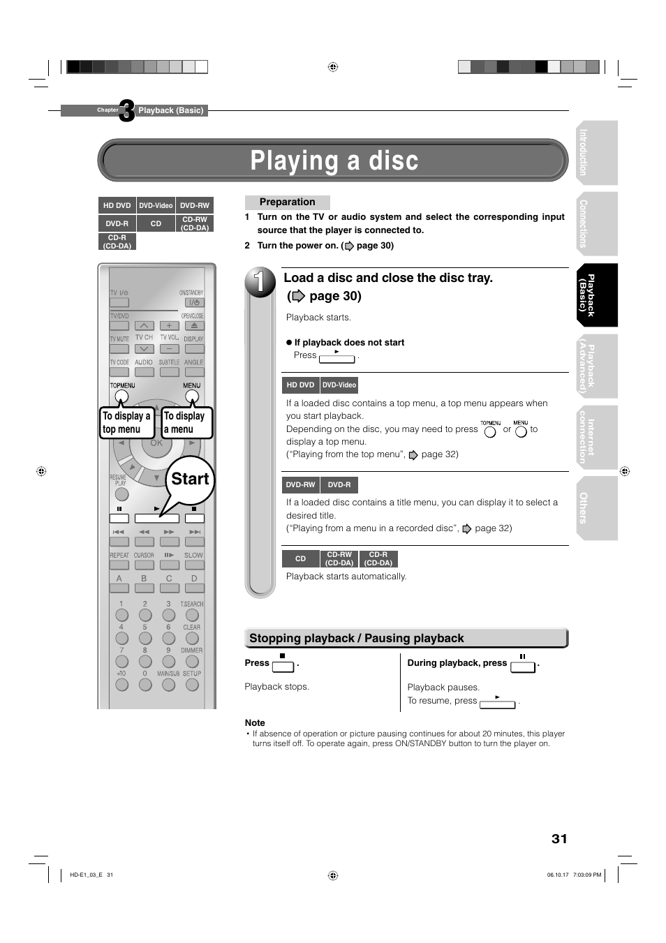 1y g, Playing a disc, Start | Load a disc and close the disc tray. ( page 30) | Toshiba HD-E1KE User Manual | Page 31 / 72