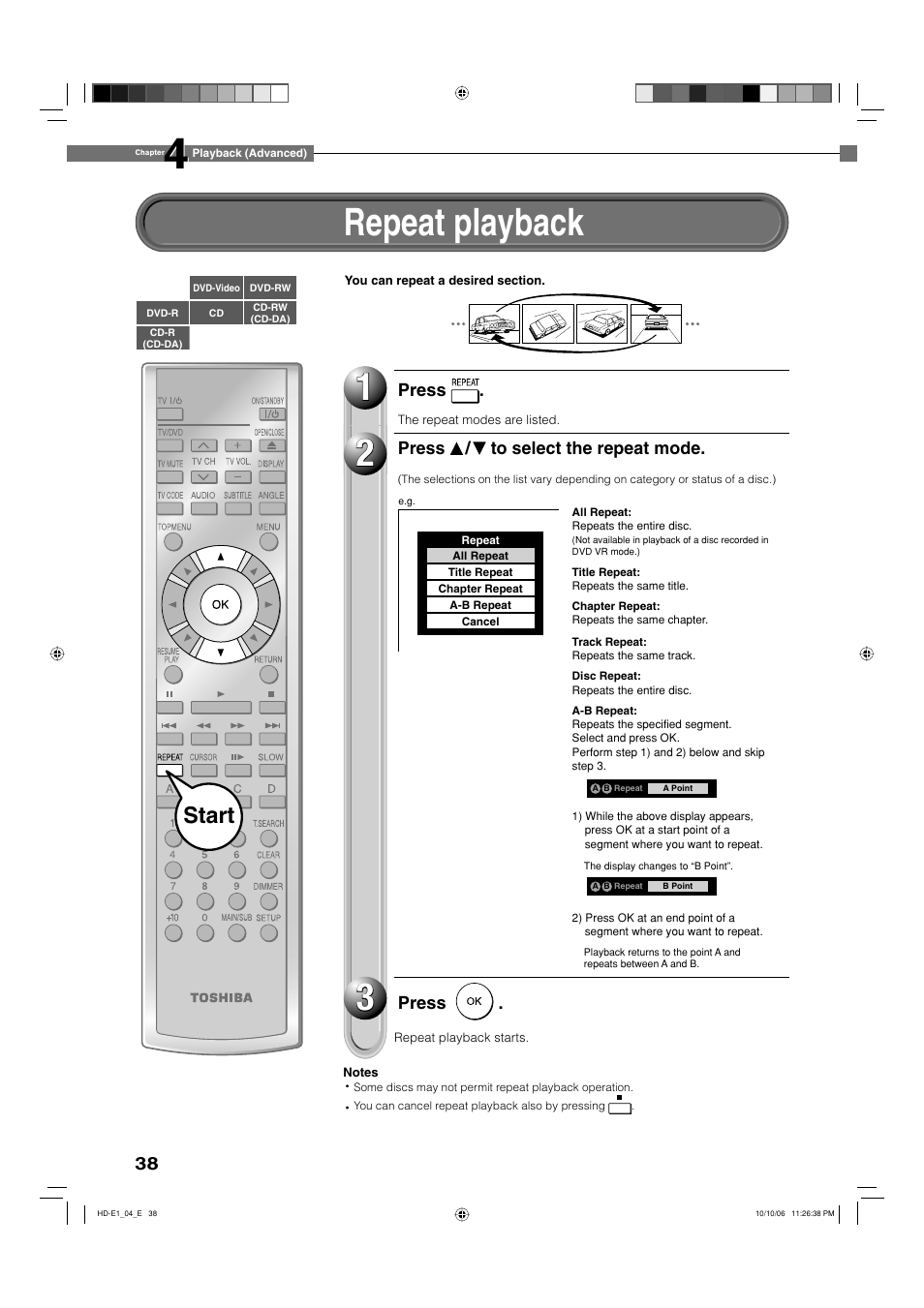 Repeat playback, Start | Toshiba HD-E1KE User Manual | Page 38 / 72