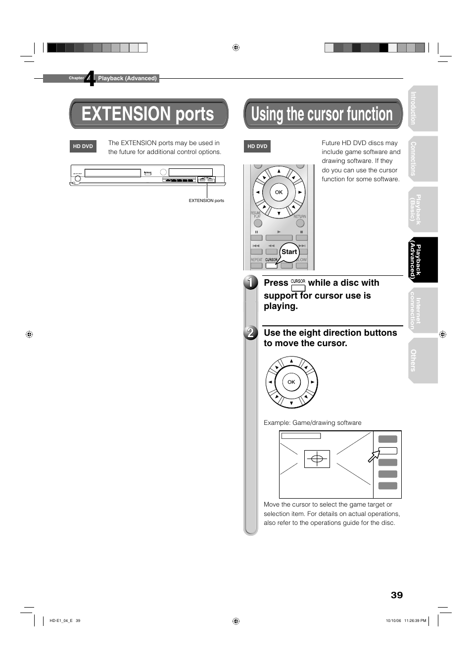 Extension ports, Using the cursor function | Toshiba HD-E1KE User Manual | Page 39 / 72