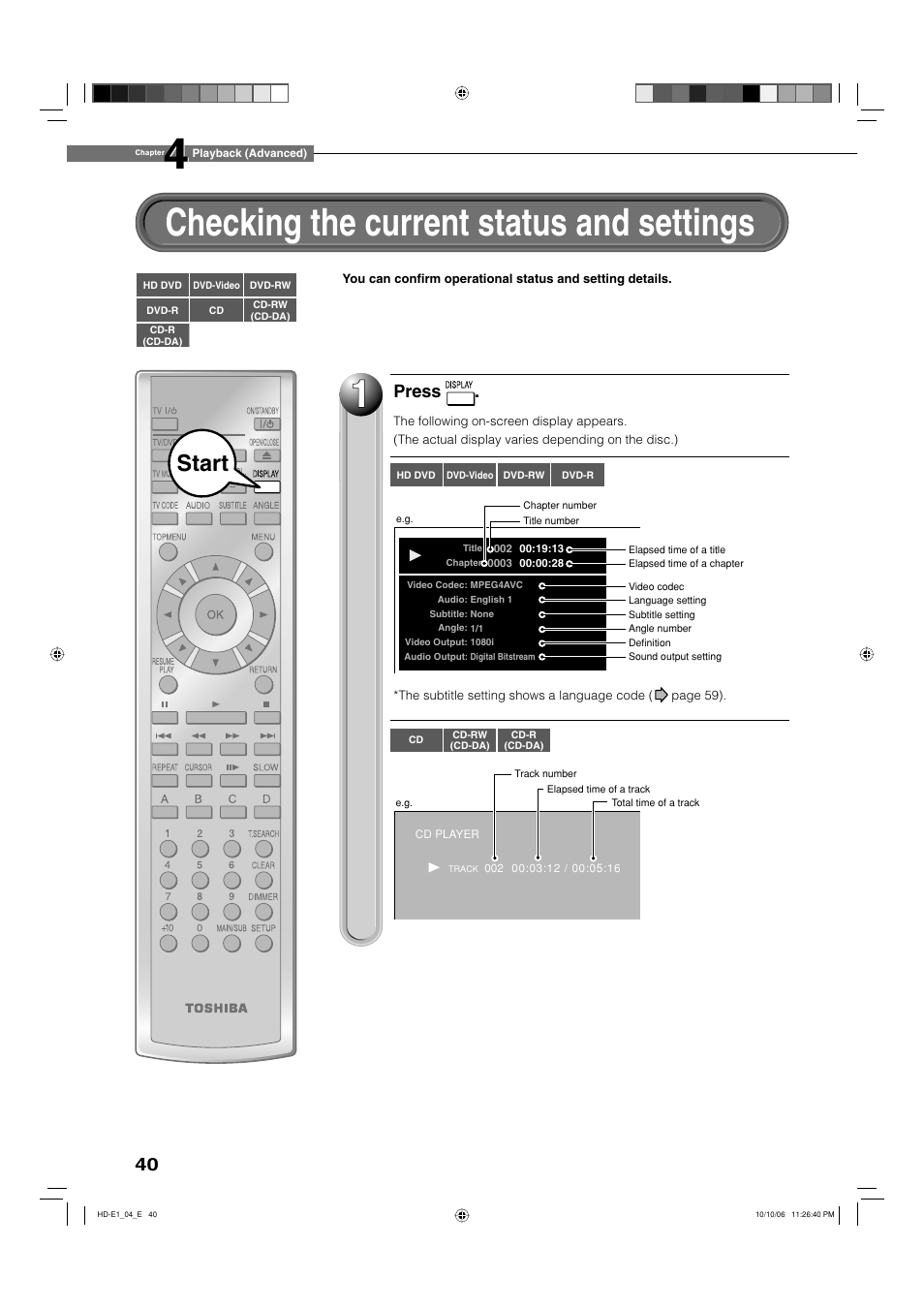 Checking the current status and settings, Start, Press | Toshiba HD-E1KE User Manual | Page 40 / 72