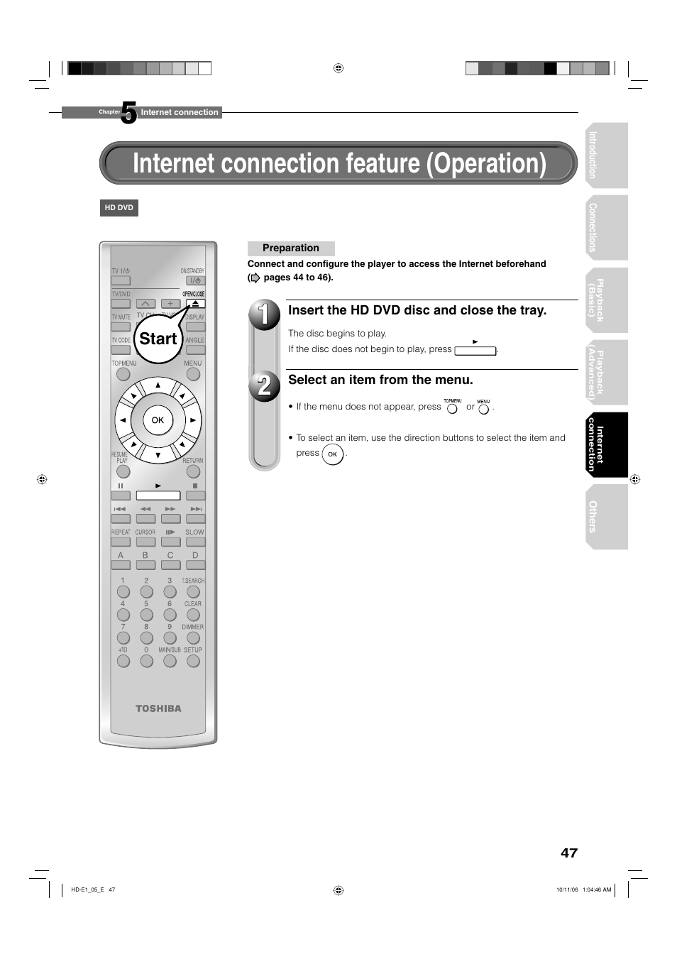 Internet connection feature (operation), Start | Toshiba HD-E1KE User Manual | Page 47 / 72