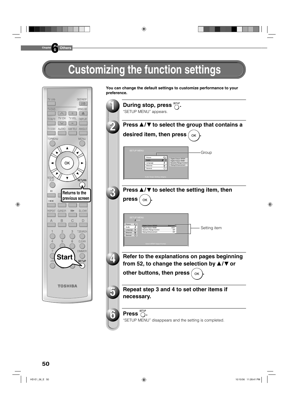 Customizing the function settings, Start | Toshiba HD-E1KE User Manual | Page 50 / 72