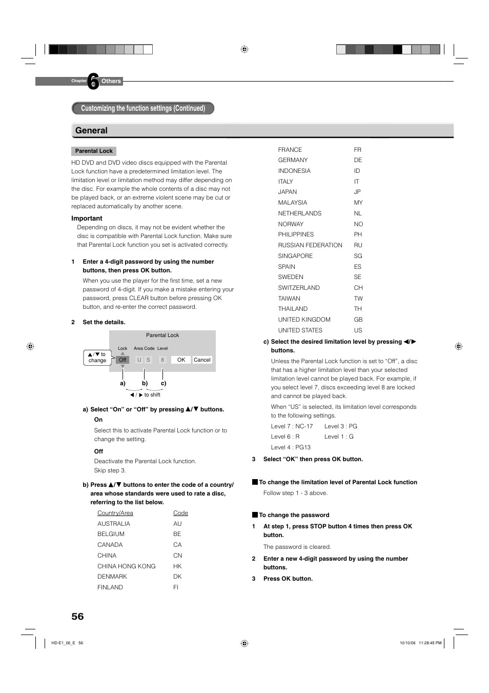 General, Customizing the function settings (continued) | Toshiba HD-E1KE User Manual | Page 56 / 72