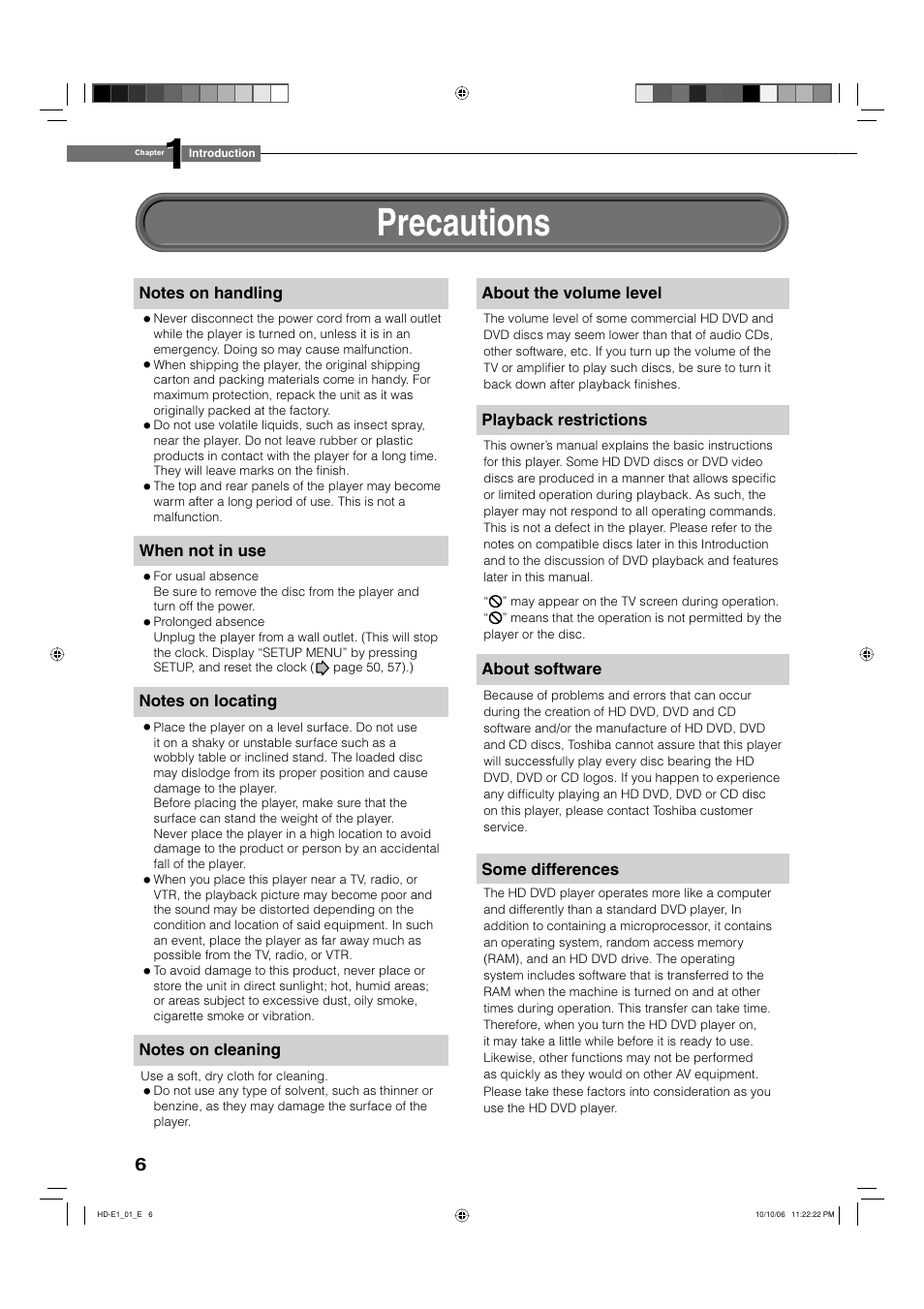 Precautions | Toshiba HD-E1KE User Manual | Page 6 / 72