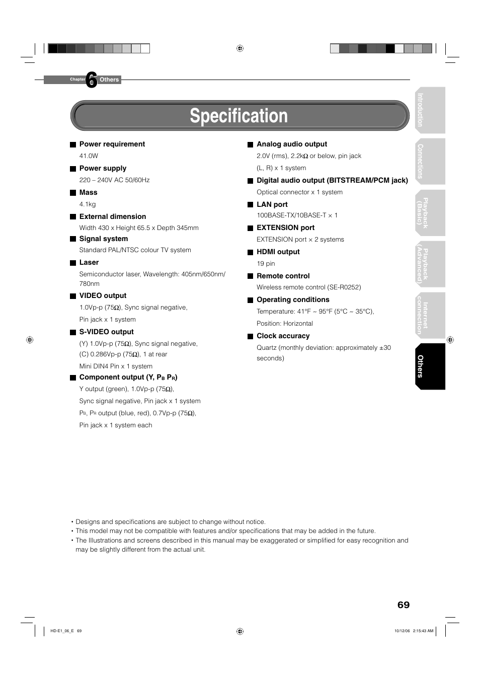 Specifi cation | Toshiba HD-E1KE User Manual | Page 69 / 72