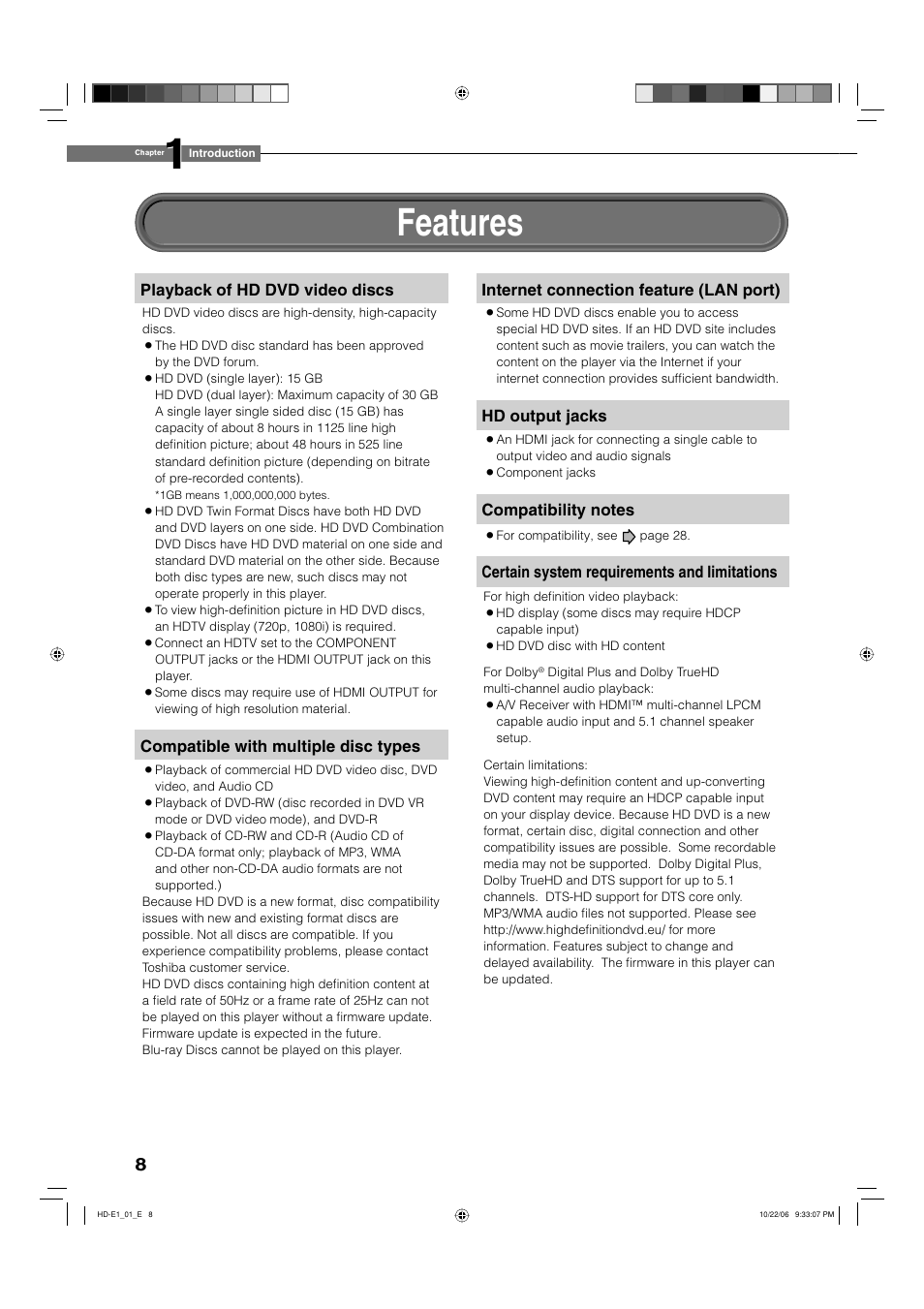 Features | Toshiba HD-E1KE User Manual | Page 8 / 72