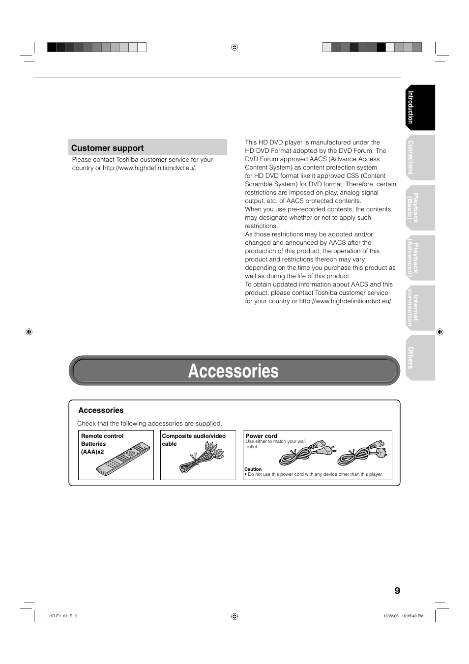 Accessories, Customer support | Toshiba HD-E1KE User Manual | Page 9 / 72