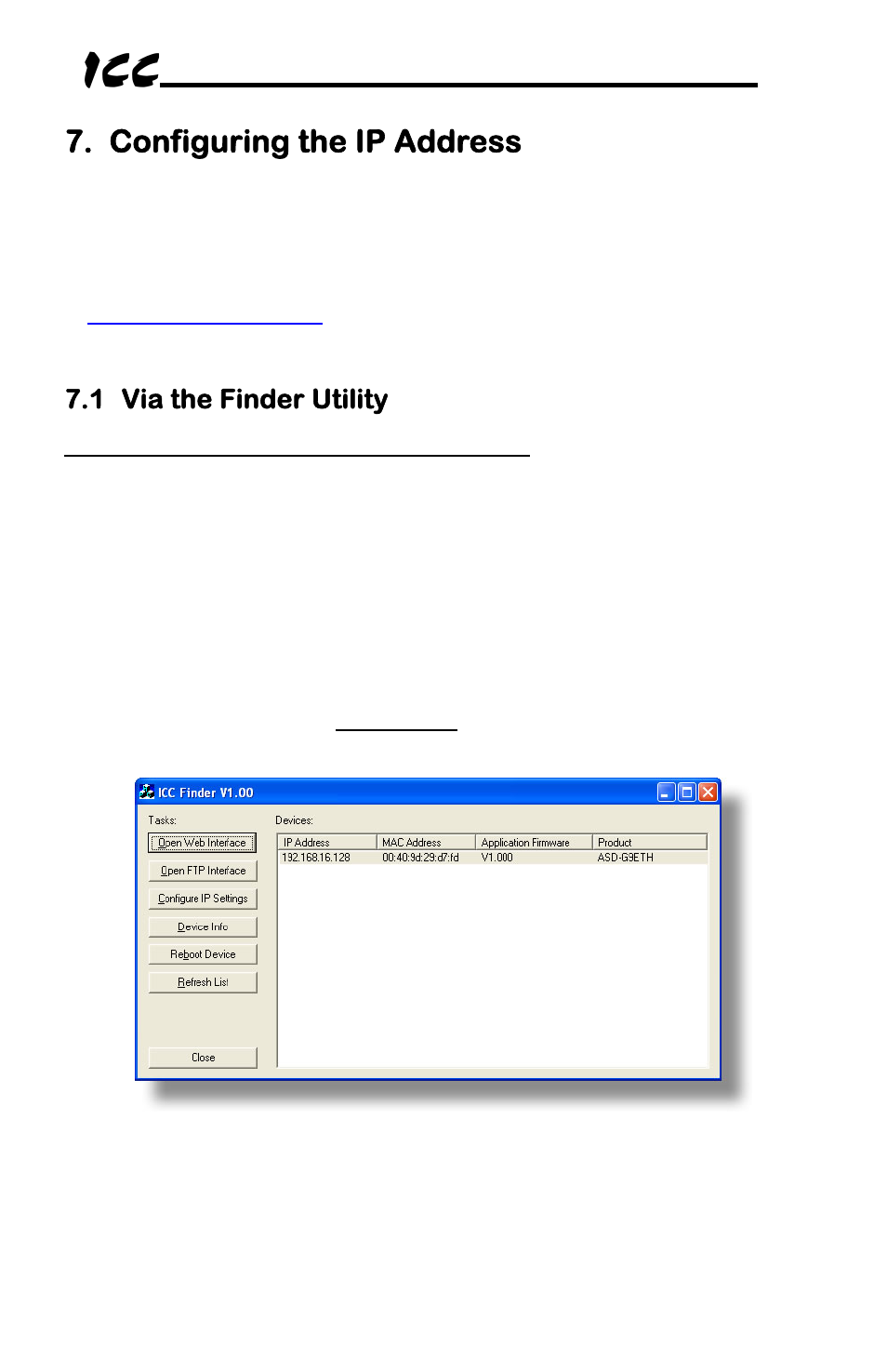 Configuring the ip address, 1 via the finder utility | Toshiba Multiprotocol Ethernet Interface for Toshiba G9/VFAS1 Adjustable Speed Drives ASD-G9ETH User Manual | Page 20 / 116