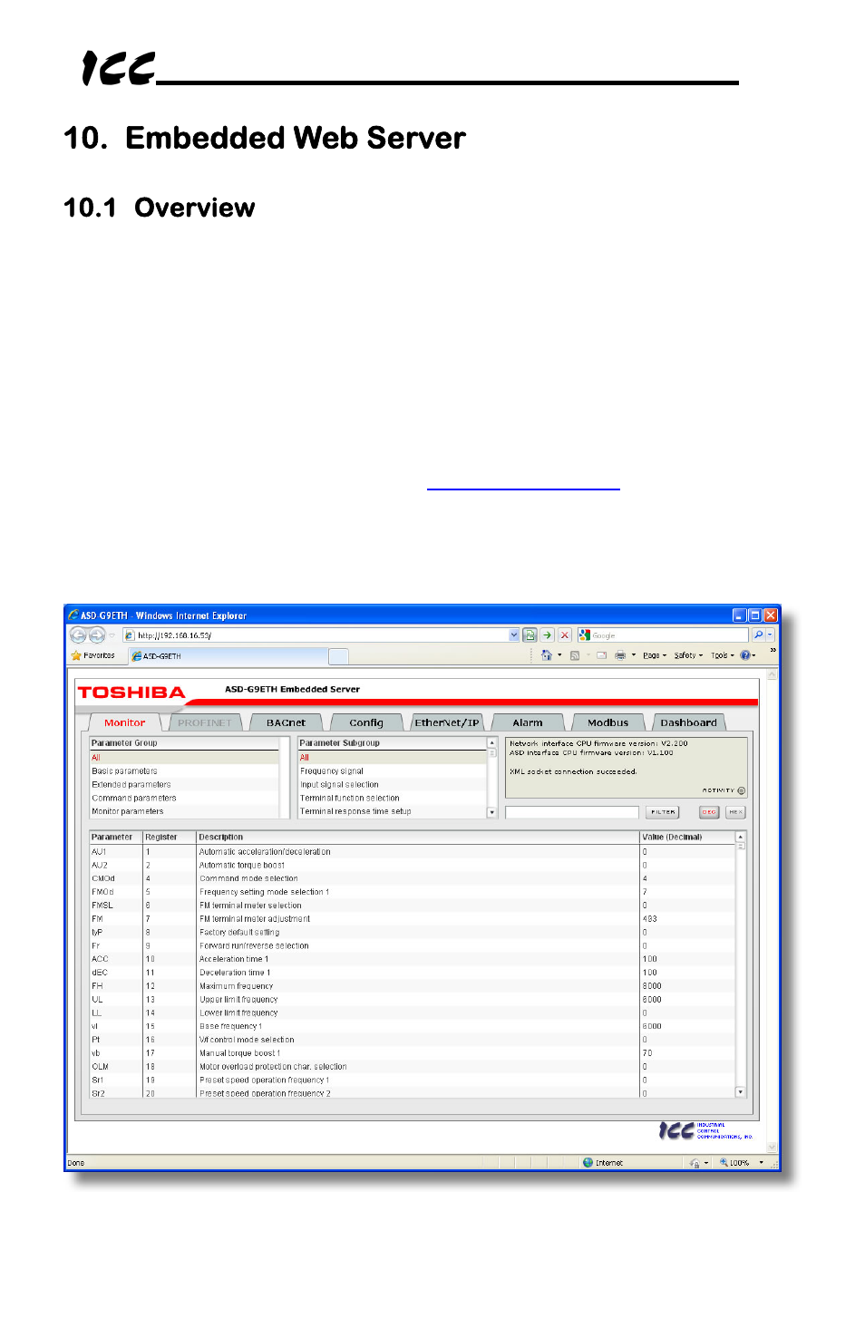 Embedded web server | Toshiba Multiprotocol Ethernet Interface for Toshiba G9/VFAS1 Adjustable Speed Drives ASD-G9ETH User Manual | Page 25 / 116