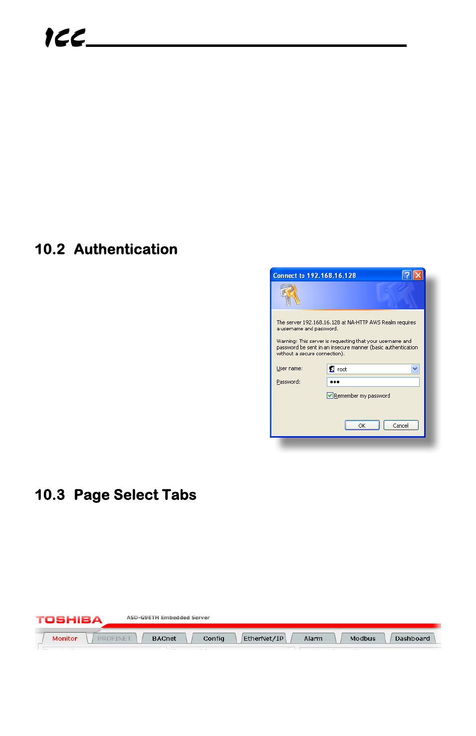 2 authentication, 3 page select tabs | Toshiba Multiprotocol Ethernet Interface for Toshiba G9/VFAS1 Adjustable Speed Drives ASD-G9ETH User Manual | Page 26 / 116