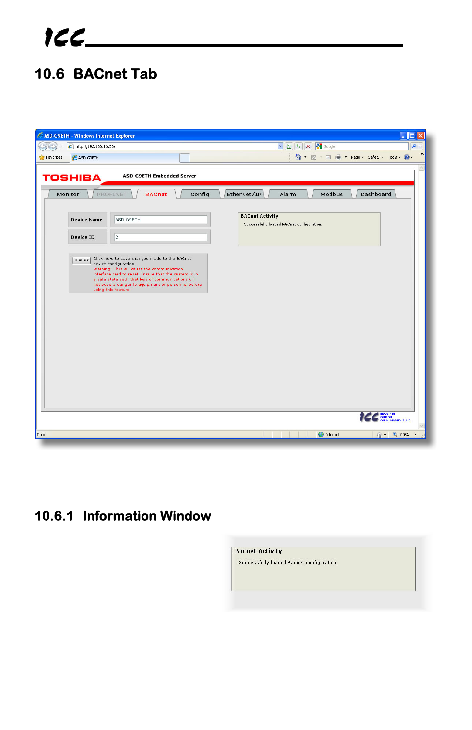 6 bacnet tab | Toshiba Multiprotocol Ethernet Interface for Toshiba G9/VFAS1 Adjustable Speed Drives ASD-G9ETH User Manual | Page 34 / 116