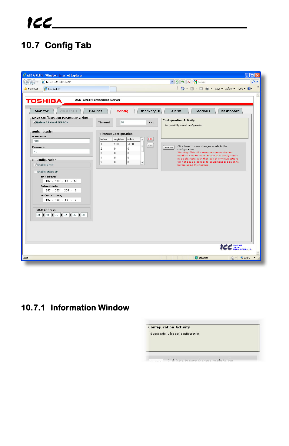 7 config tab | Toshiba Multiprotocol Ethernet Interface for Toshiba G9/VFAS1 Adjustable Speed Drives ASD-G9ETH User Manual | Page 36 / 116