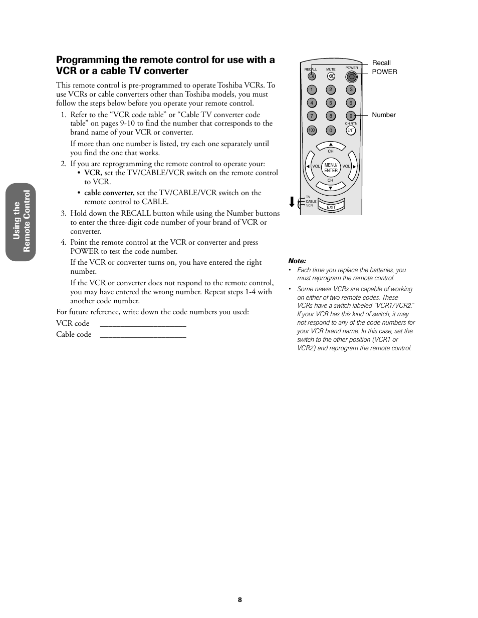 Using the remote contr ol | Toshiba 27A60 User Manual | Page 14 / 44