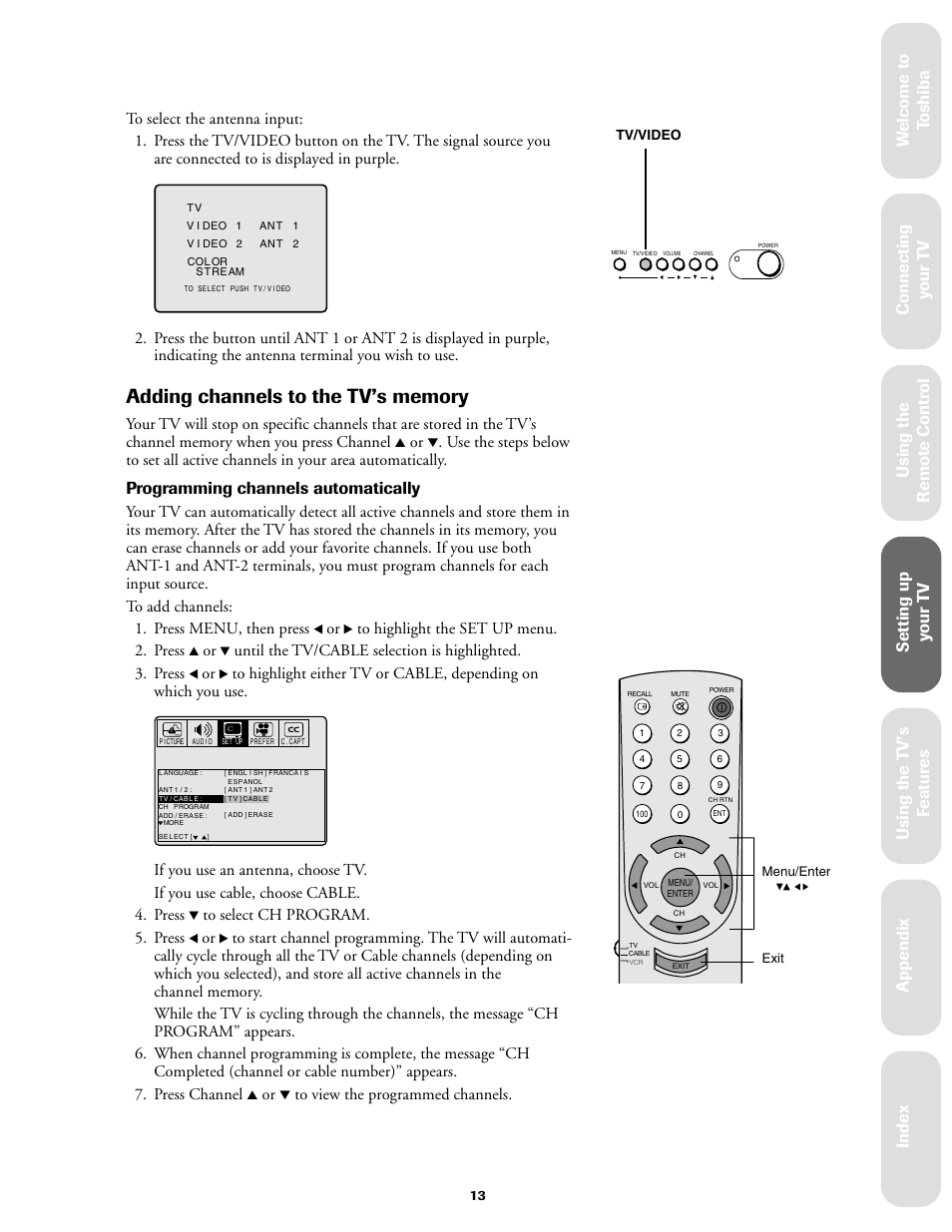 Adding channels to tv's memory, Ref er ence, Programming channels automatically | Toshiba 27A60 User Manual | Page 19 / 44