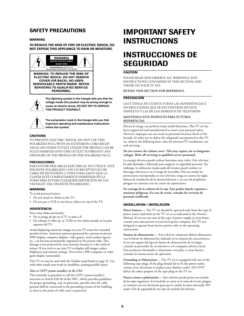 Safety instructions, Safety precautions | Toshiba 27A60 User Manual | Page 2 / 44