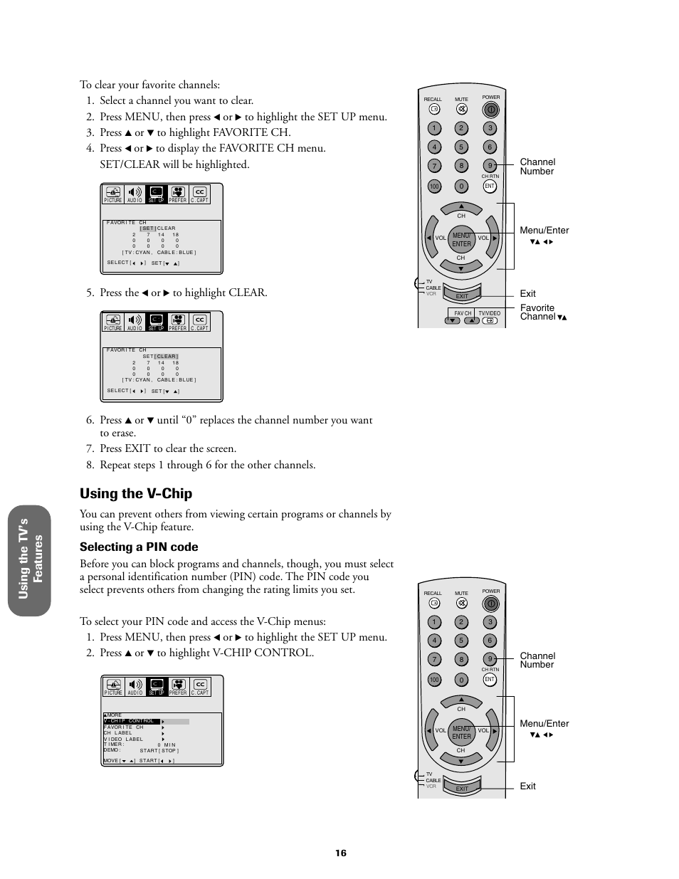 Using the v-chip, Using the t v ’s f eatur es, Selecting a pin code | Press the, Press | Toshiba 27A60 User Manual | Page 22 / 44