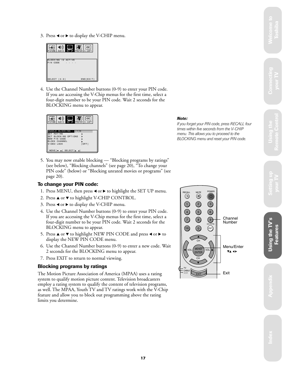 Ref er ence, Blocking programs by ratings, Press | Press menu, then press | Toshiba 27A60 User Manual | Page 23 / 44