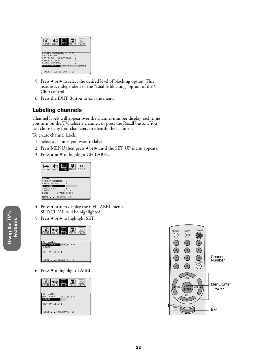 Labeling channels, Using the t v ’s f eatur es, Press | Until the set up menu appears. 3. press | Toshiba 27A60 User Manual | Page 28 / 44