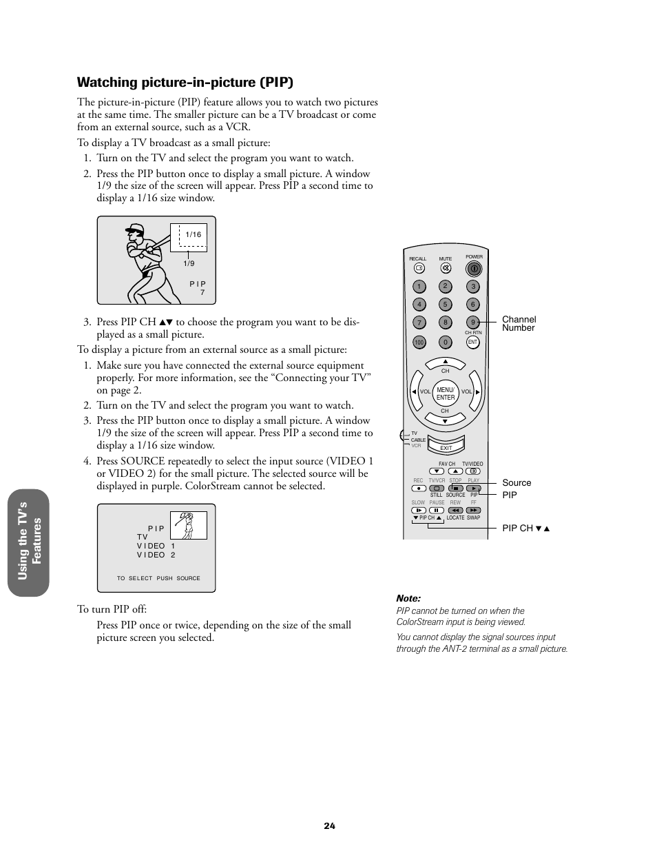 Watching picture-in-picture, Watching picture-in-picture (pip), Using the t v ’s f eatur es | Press pip ch | Toshiba 27A60 User Manual | Page 30 / 44