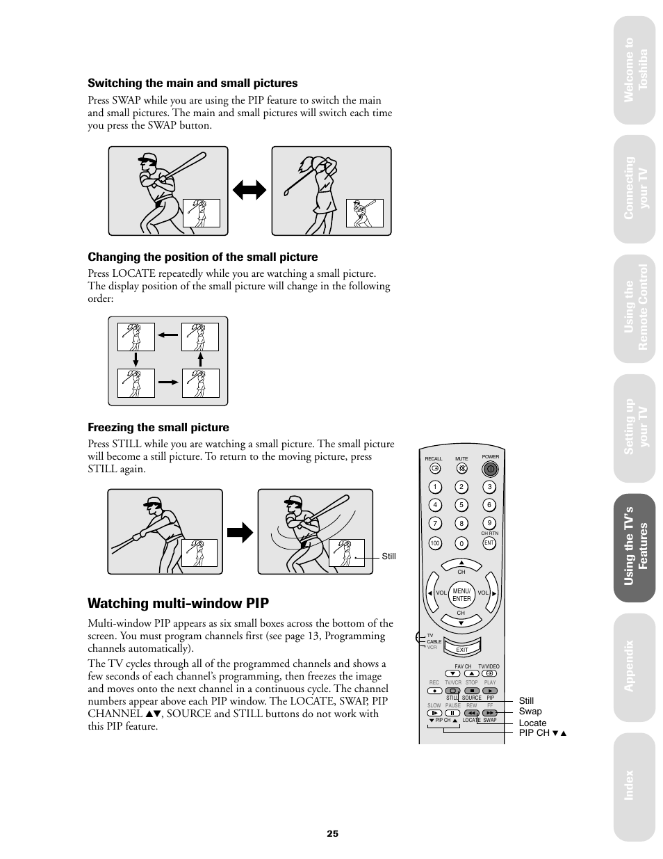 Watching multi-window pip, Ref er ence, Changing the position of the small picture | Freezing the small picture | Toshiba 27A60 User Manual | Page 31 / 44