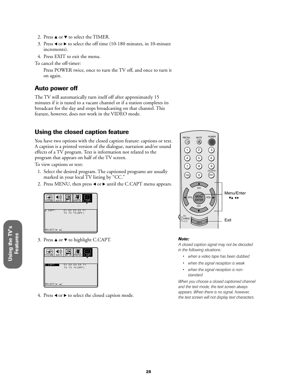 Auto power off / closed caption feature, Auto power off, Using the closed caption feature | Using the t v ’s f eatur es, Press, Until the c.capt menu appears | Toshiba 27A60 User Manual | Page 34 / 44