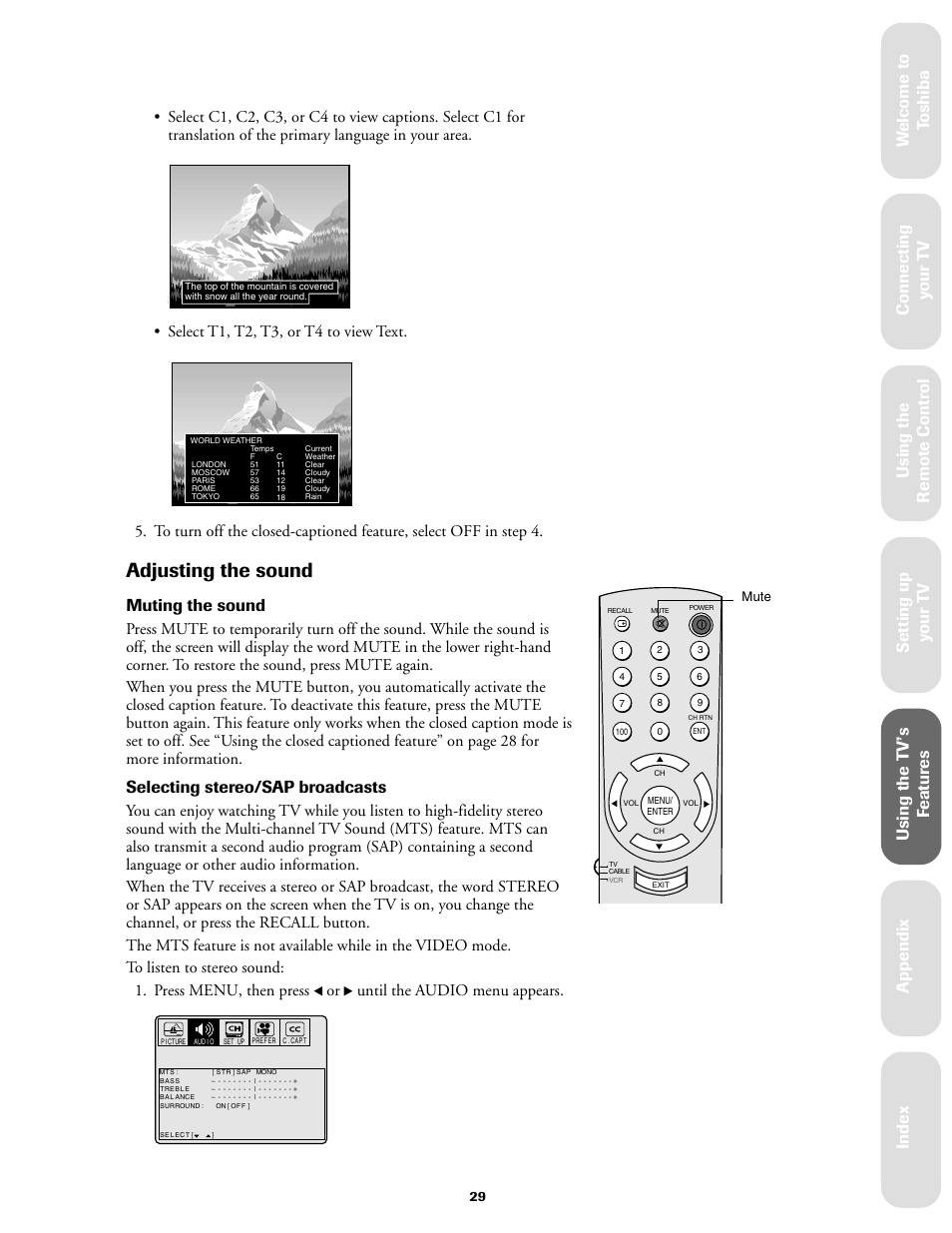 Adjusting the sound, Ref er ence, Muting the sound | Selecting stereo/sap broadcasts, Select t1, t2, t3, or t4 to view text, Until the audio menu appears | Toshiba 27A60 User Manual | Page 35 / 44