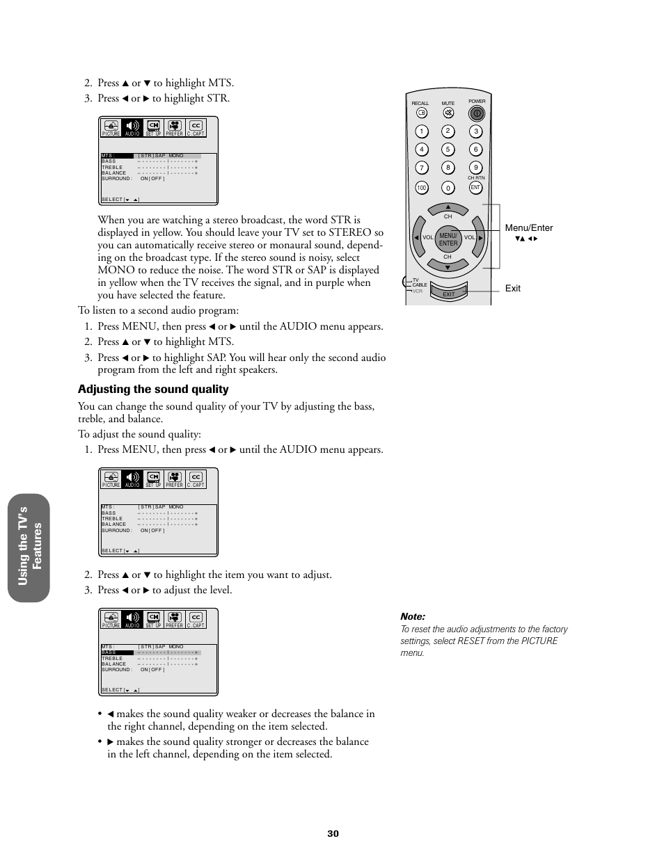 Using the t v ’s f eatur es, Adjusting the sound quality, Press | Until the audio menu appears. 2. press, Until the audio menu appears | Toshiba 27A60 User Manual | Page 36 / 44