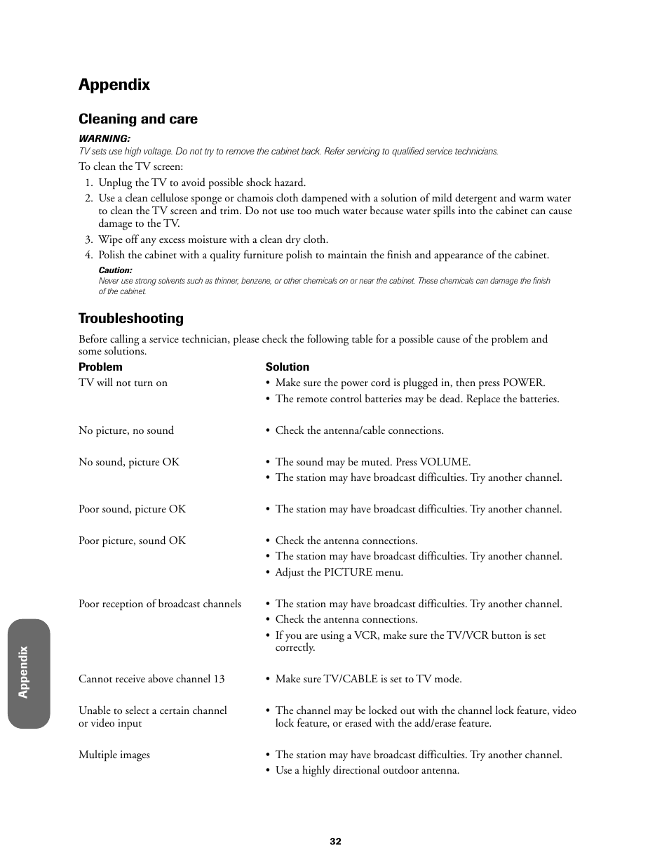 Appendix, Cleaning and care, Troubleshooting | Toshiba 27A60 User Manual | Page 38 / 44