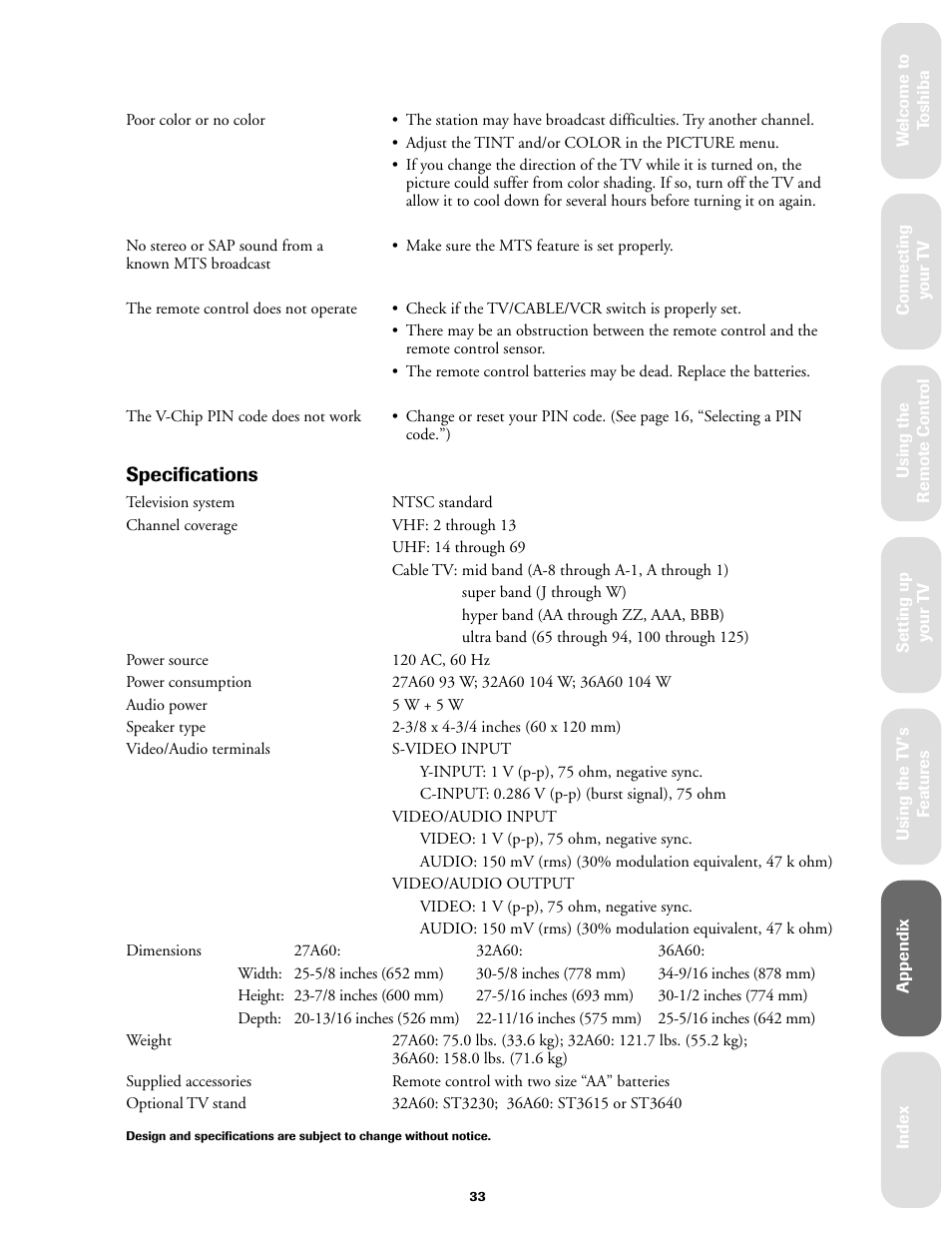 Specifications | Toshiba 27A60 User Manual | Page 39 / 44